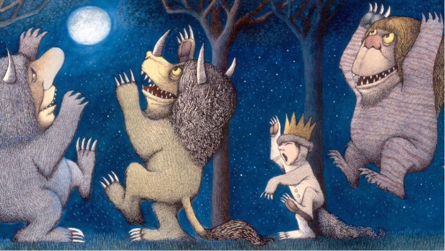 Illustration de Where the Wild Things are de Maurice Sendak, qui représente la grande fête organisée par Max après son arrivée sur l’île. 